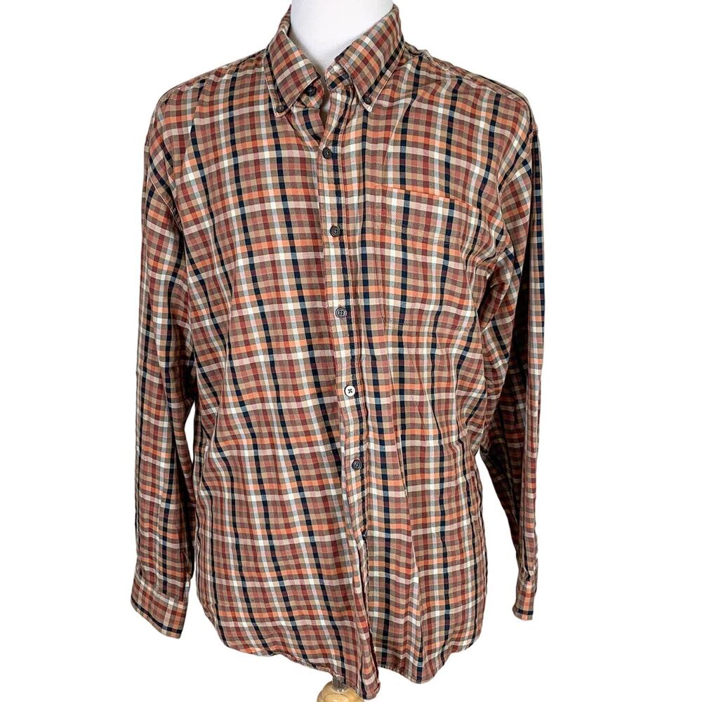 Sedgefield‎ Sz L Mens Plaid Cotton Shirt Rust Orange Earth Tone